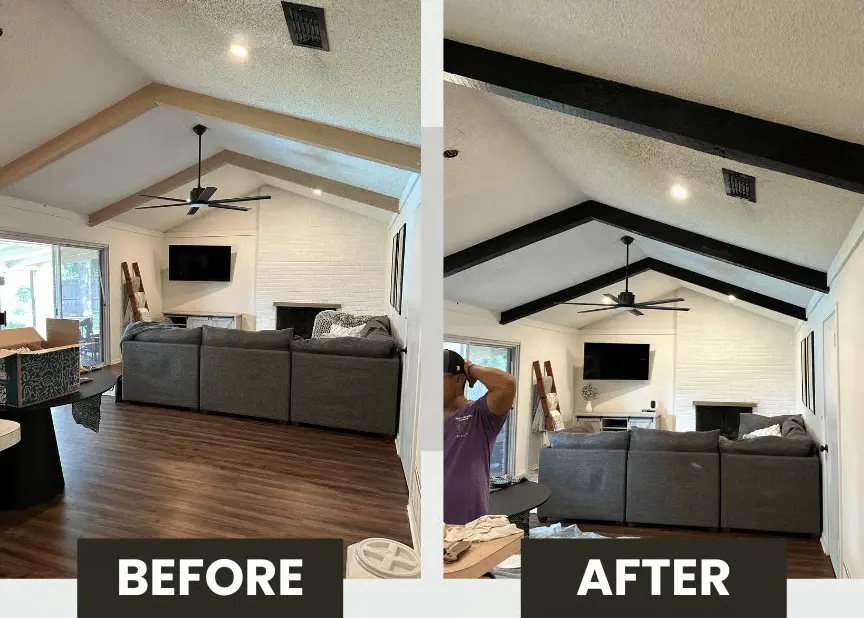 Before and after: living room ceiling beams painted from tan to black