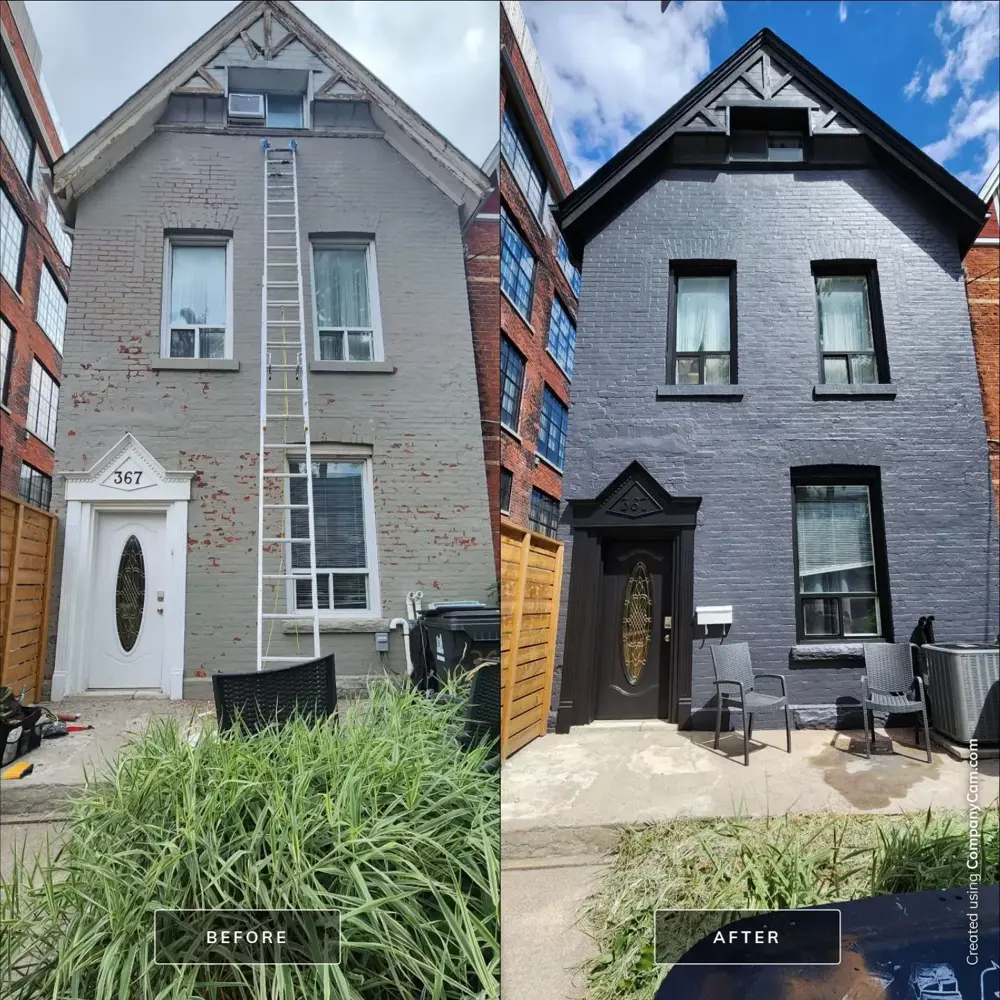 Before and after: grey peeling brick house front repainted in charcoal with black trim