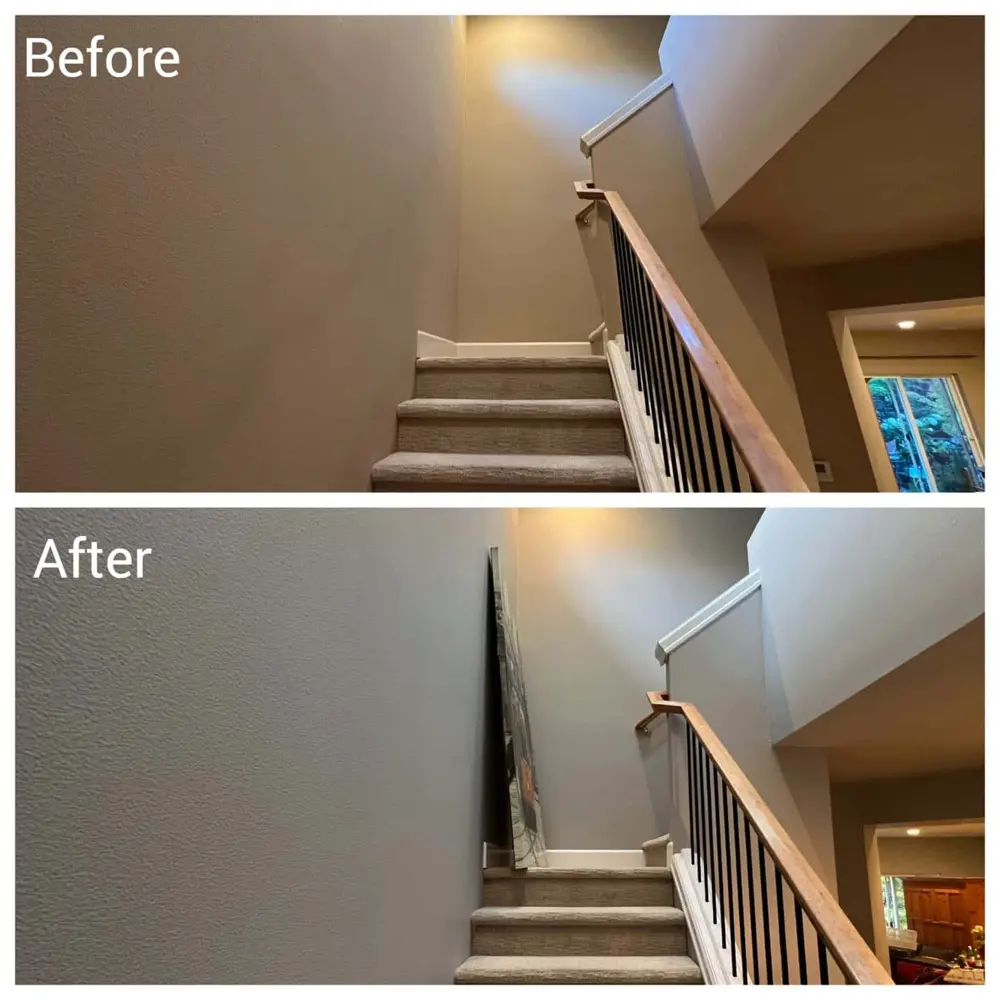 Before and after: beige stairwell repainted in light grey